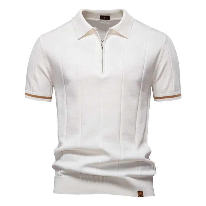 Moderne heren polo shirt met ritssluiting en elegante verticale strepen. Stijlvolle keuze voor de zomer.