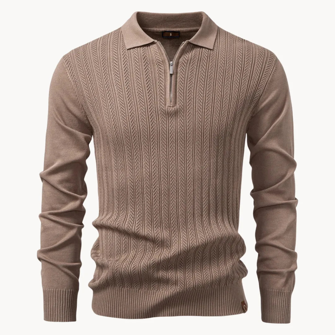 Luxe ogende heren polo met korte rits, ribgebreid design en lange mouwen voor de herfst.