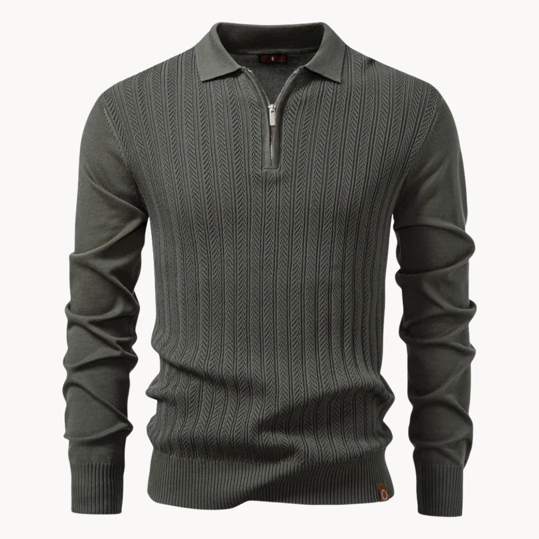 Heren ribgebreide polo sweater met korte ritssluiting, comfortabel en modieus.