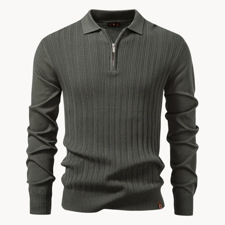 Heren ribgebreide polo sweater met korte ritssluiting, comfortabel en modieus.