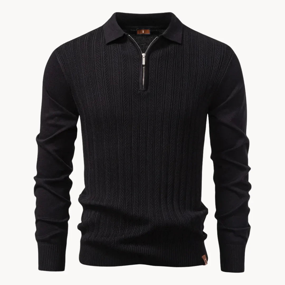 Tijdloze heren polo sweater, ribgebreid en met ritssluiting, comfortabel en modieus.