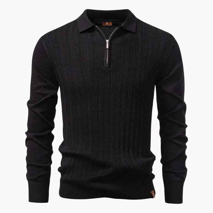 Tijdloze heren polo sweater, ribgebreid en met ritssluiting, comfortabel en modieus.
