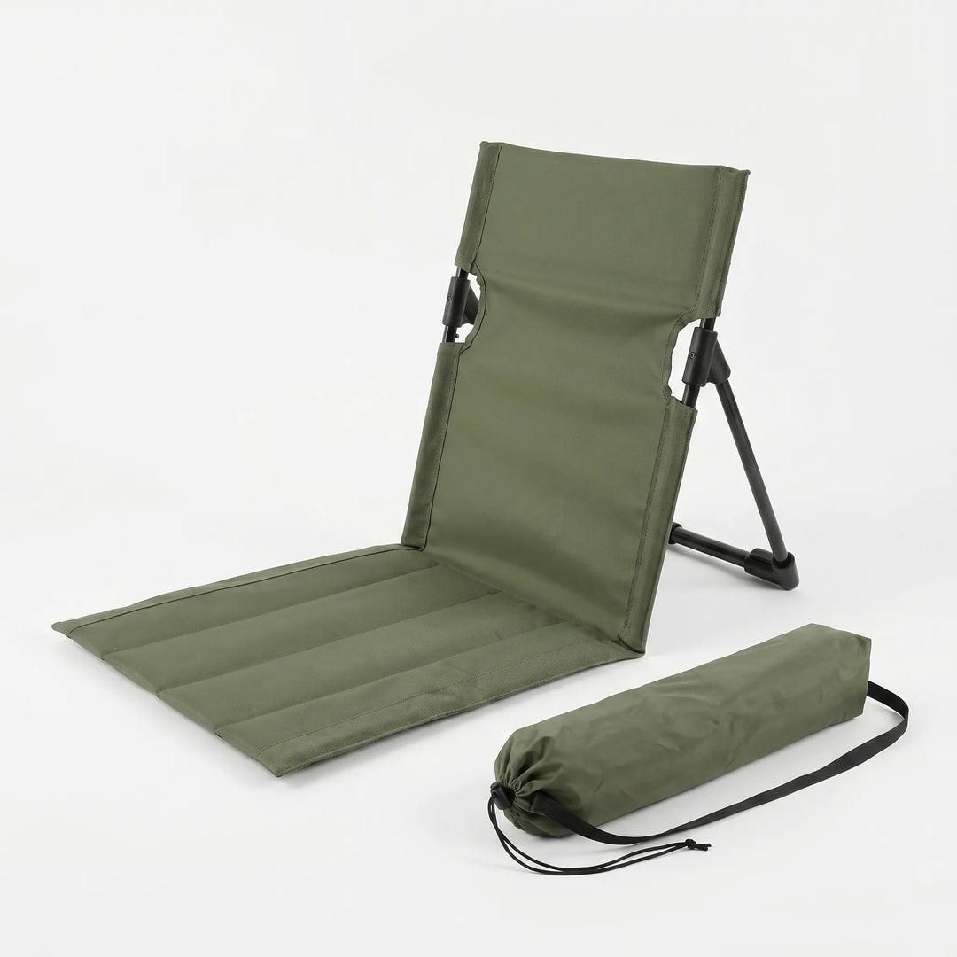 Opvouwbare grondstoel met rugleuning; een comfortabel zitje voor festivals, concerten en sportevenementen.