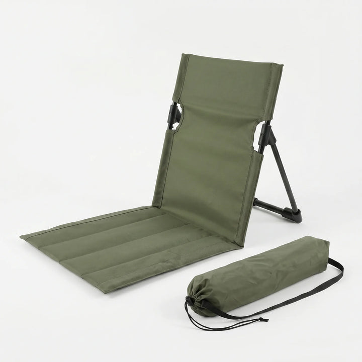 Opvouwbare grondstoel met rugleuning; een comfortabel zitje voor festivals, concerten en sportevenementen.