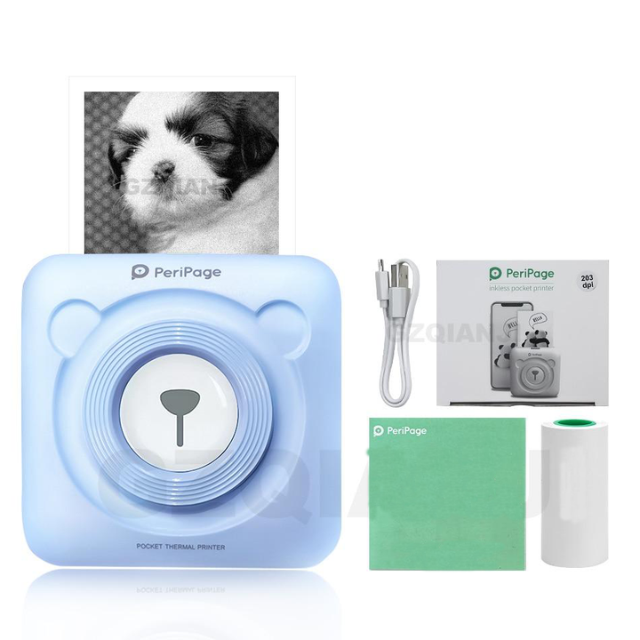 Drie draagbare mini fotoprinters in wit, blauw en roze. Inktvrij printen, perfect voor mobiele fotografie.