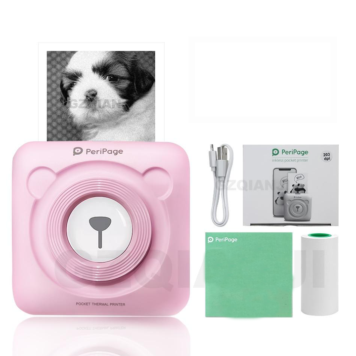 De witte inktvrije draagbare mini fotoprinter vanuit een bovenaanzicht. Snel mobiel direct printen.