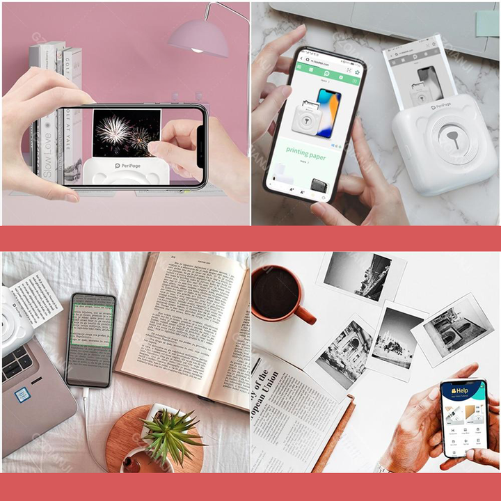 Een persoon print een foto met de witte draagbare mini fotoprinter. Inktvrij en snel voor onderweg.