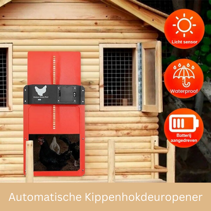 Automatische kippendeur op een kippenhok in de tuin, met lichtsensor voor dag-nacht cyclus van pluimvee.
