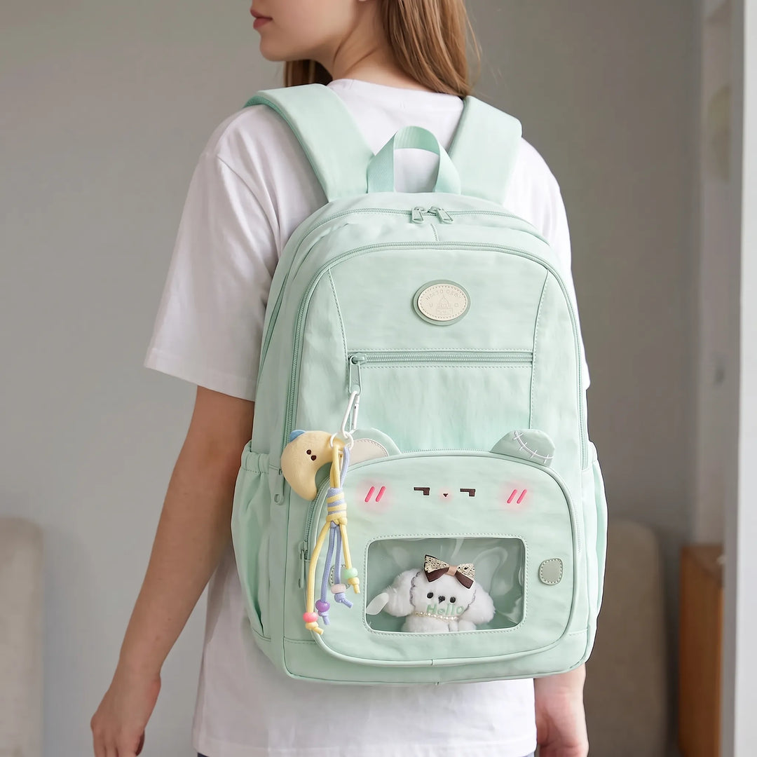 Stijlvolle unisex preppy dagrugzak van nylon met transparant voorvak, ideaal als schooltas of werkrugzak.