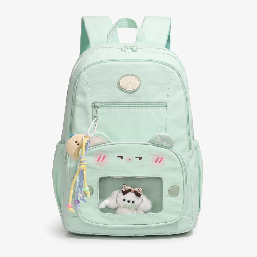 Nylon unisex preppy rugzak met transparant vak, perfecte studententas voor school en college.