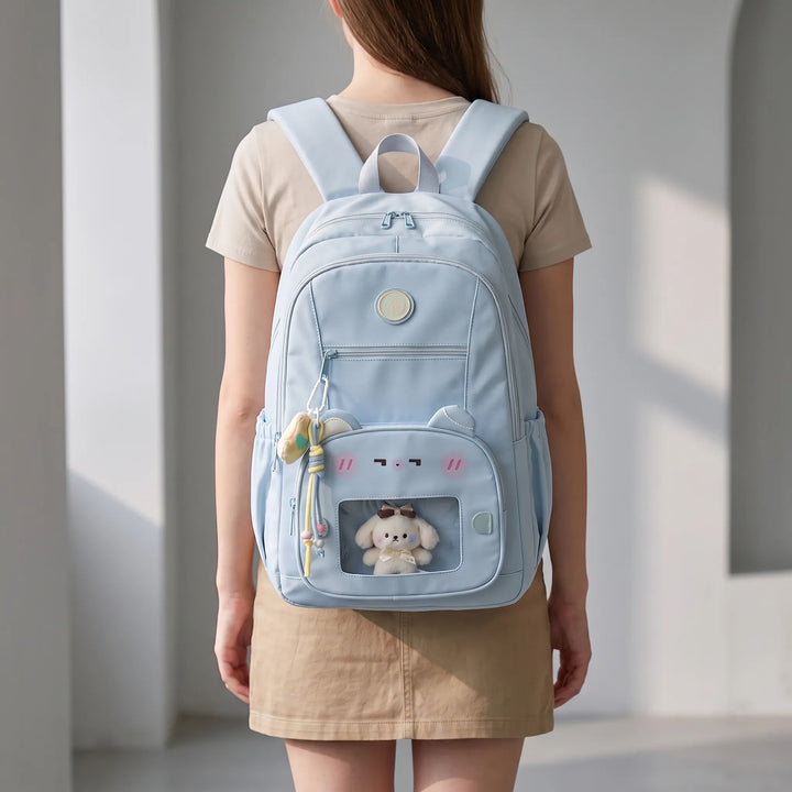 Praktische preppy schooltas/werkrugzak met transparant vak en duurzaam nylon, geschikt voor elke student.