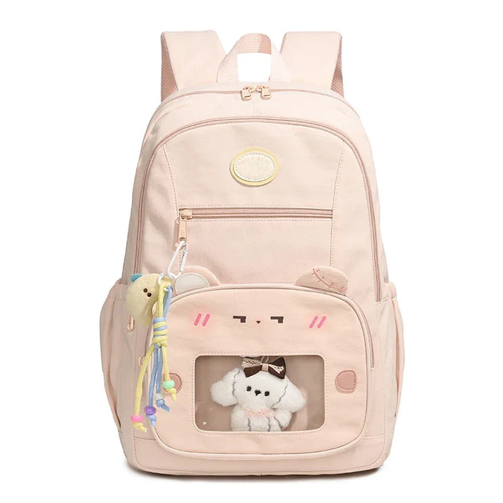 Preppy schoolrugzak/werkrugzak: unisex design, nylon materiaal en transparant vak voor snelle toegang.