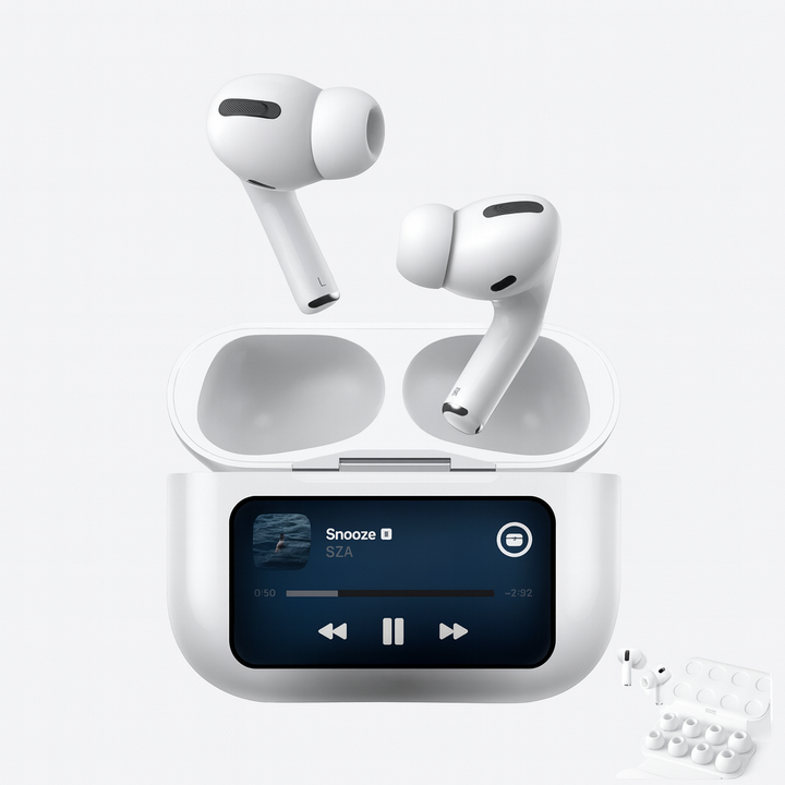 Detail van zwart draadloos in-ear oordopje met glanzend touchscreen oppervlak; geavanceerde audiotechnologie.