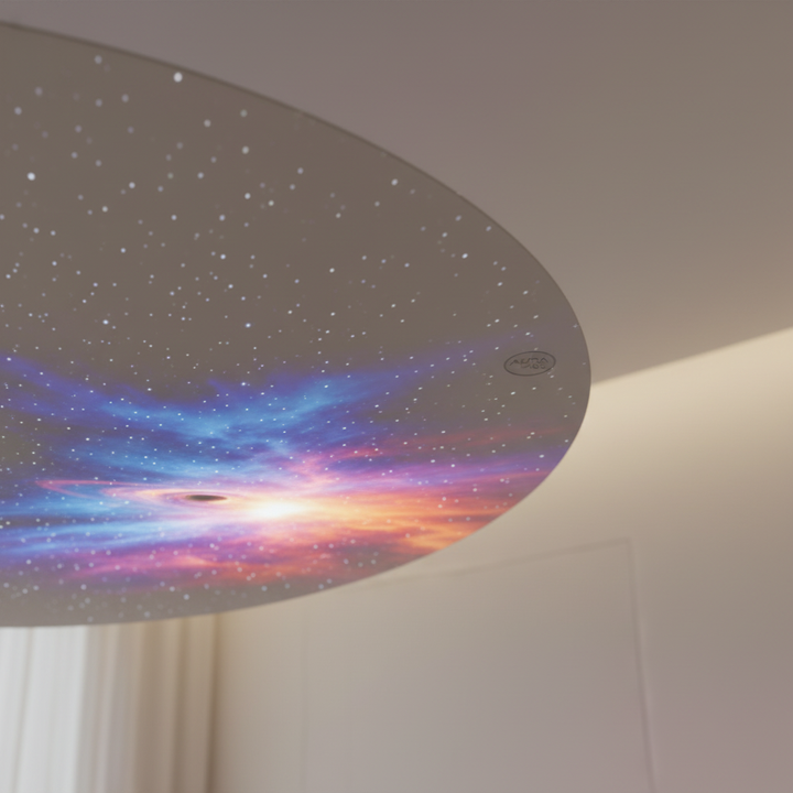 Ruimteprojector tovert kinderkamer om tot sterrenstelsel; ideaal voor ontspanning en slaap.