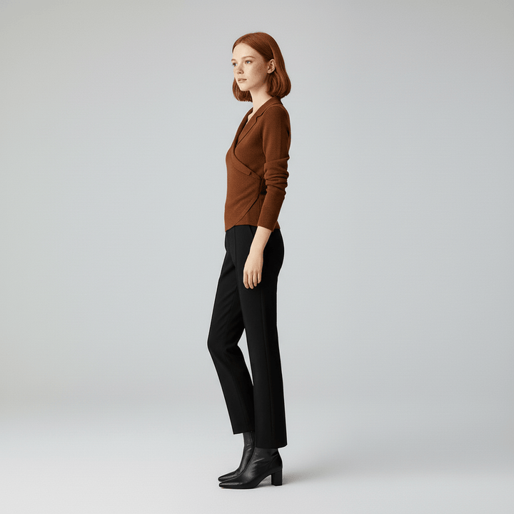 Stijlvolle bruine dames trui met gedrapeerde V-hals, ideaal voor een veelzijdige en comfortabele look.