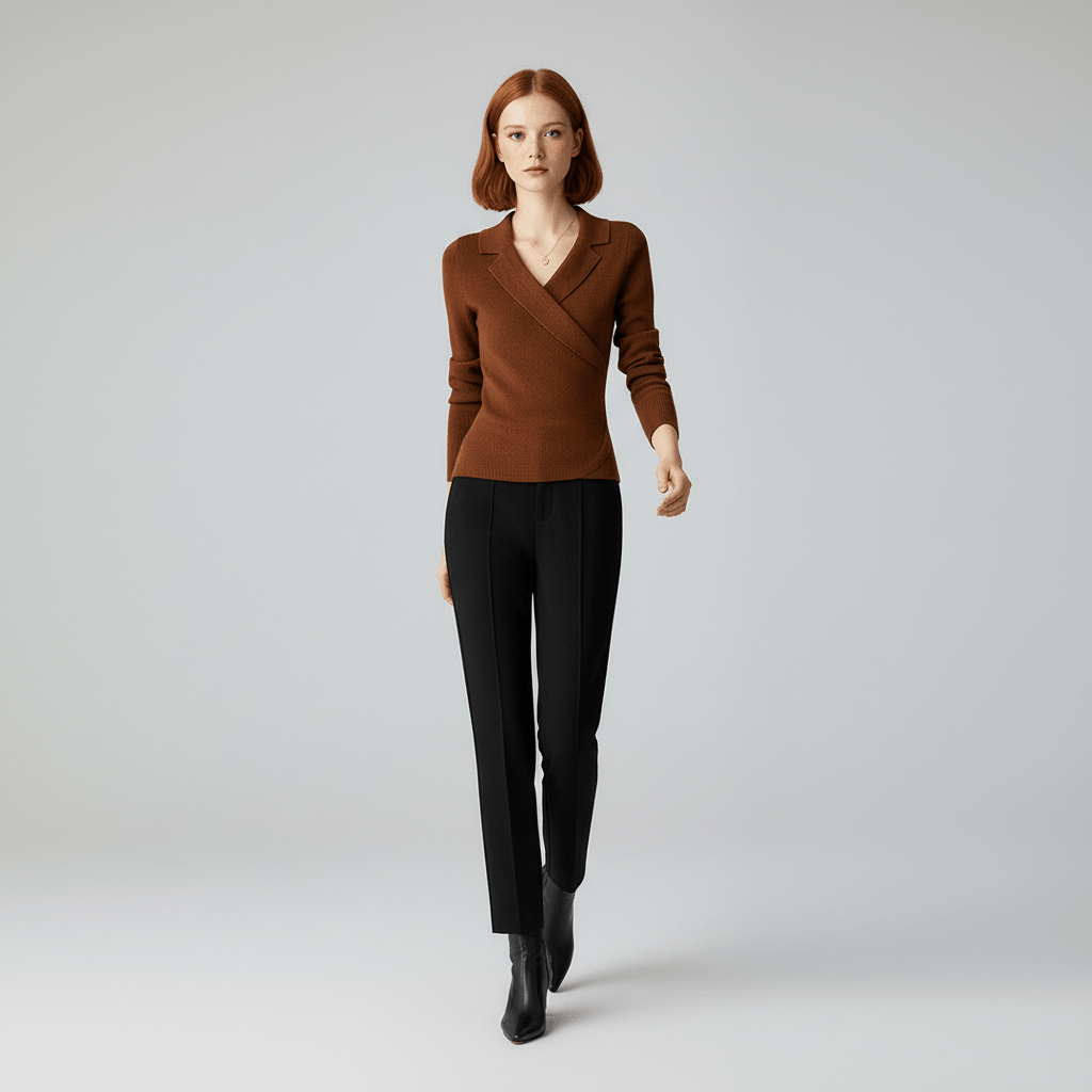 Comfortabele en elegante dames trui Lucy, bruin, met gedrapeerde V-hals en lange mouwen, perfecte pasvorm.