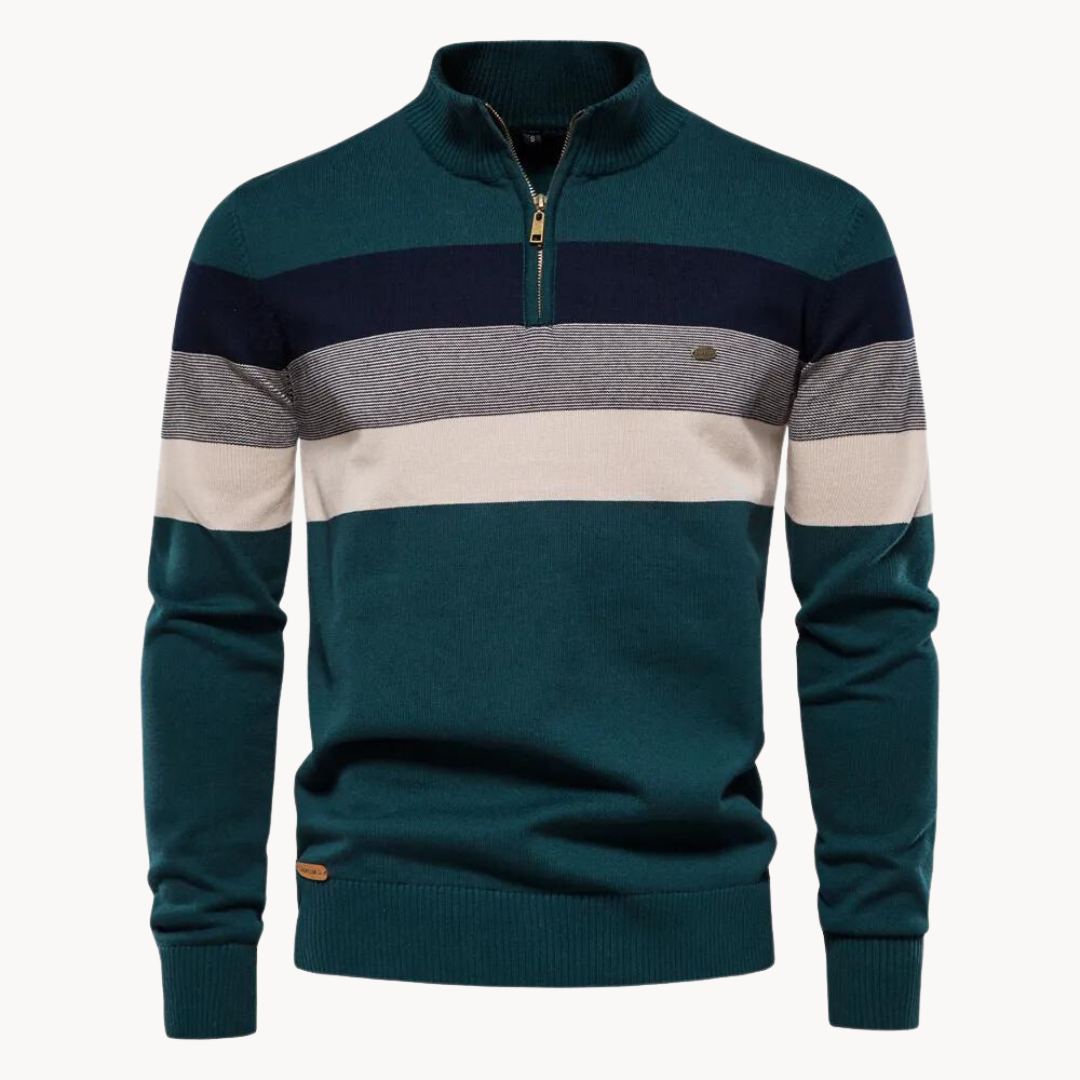 Mannen halfzip trui Toby in blauw. Gestreepte pullover met opstaande kraag voor een modieuze look.