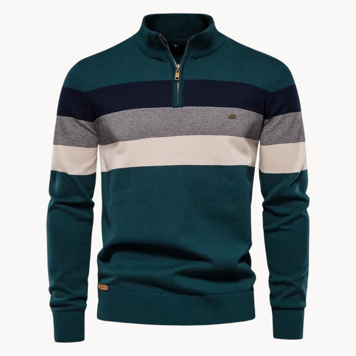 Mannen halfzip trui Toby in blauw. Gestreepte pullover met opstaande kraag voor een modieuze look.