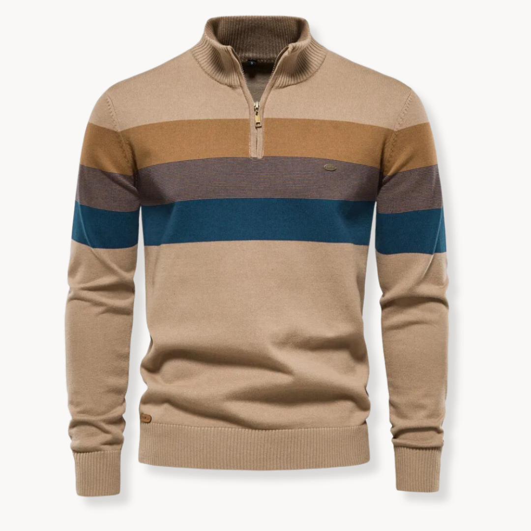 Verfijnde zwarte gestreepte halfzip trui voor heren. Comfortabele pullover met opstaande kraag.