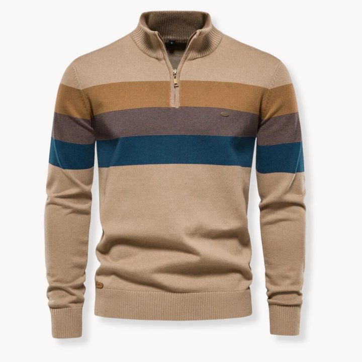 Verfijnde zwarte gestreepte halfzip trui voor heren. Comfortabele pullover met opstaande kraag.
