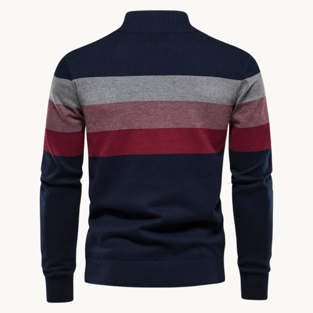 Modieuze blauwe heren halfzip trui met strepen. Pullover met lange mouw en opstaande kraag.