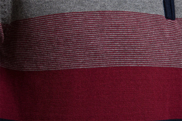 Khaki gestreepte heren trui halfzip Toby. Verfijnde casual sweater, perfect voor mannen kleding.