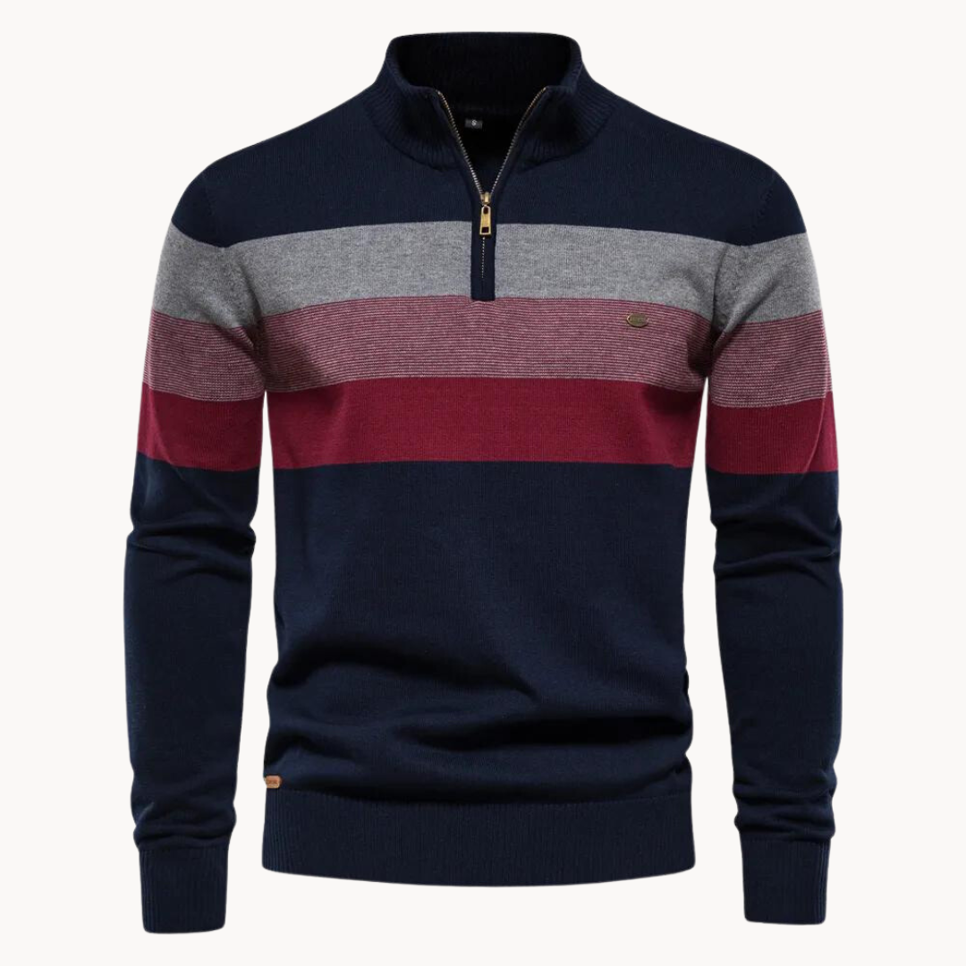 Casual & verfijnde heren trui halfzip. Toby pullover met strepen, lange mouw en opstaande kraag.