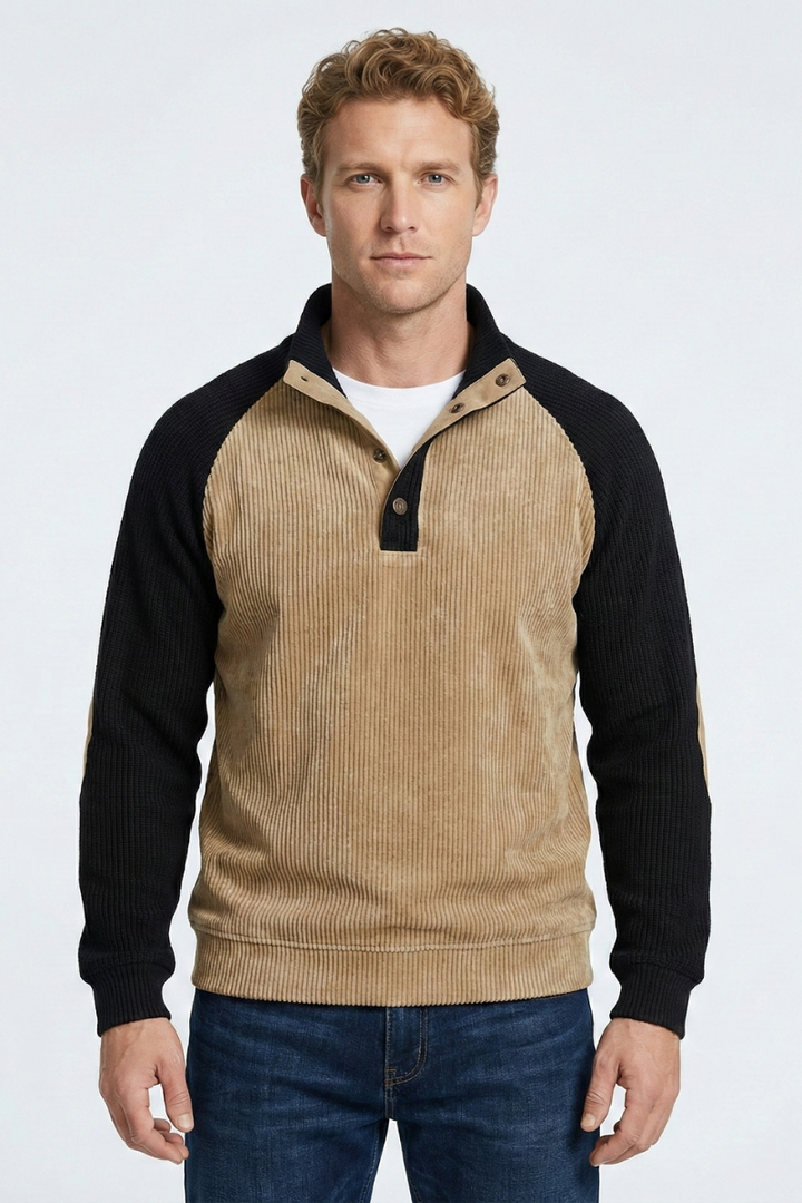 Heren raglanmouw pullover Zac. Comfortabele slim fit trui met knoopkraag voor een stijlvolle, casual look.
