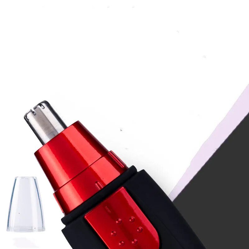 Compacte elektrische trimmer, wit met rood, voor nauwkeurige en comfortabele neus- en oorhaarverwijdering.