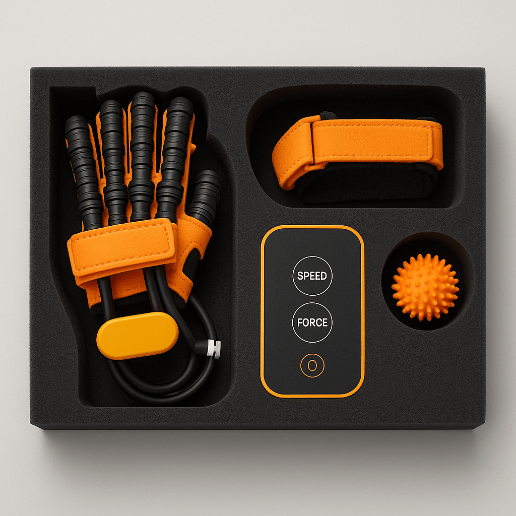Automatische handtrainer handschoen, ideaal voor handtherapie, ergotherapie en zenuwherstel.