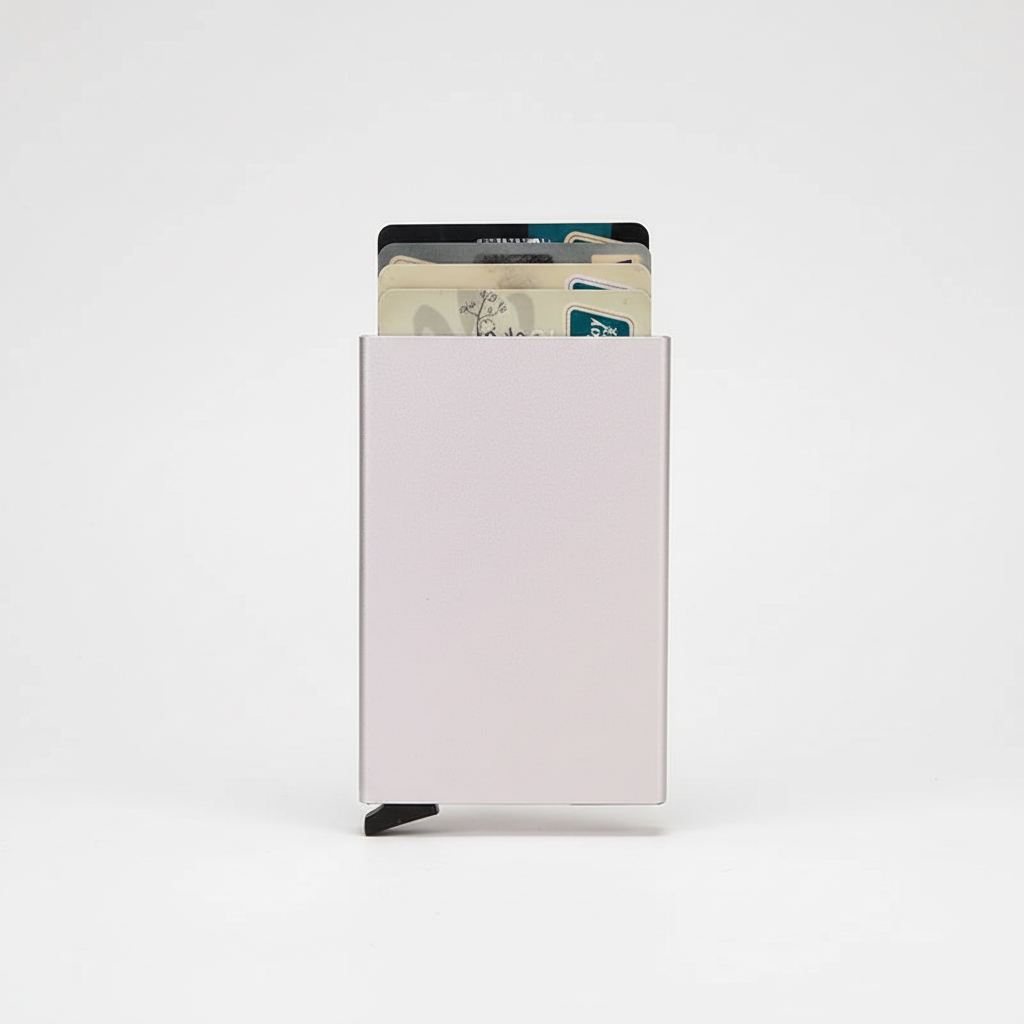 De compacte RFID kaarthouder ligt naast een mobiele telefoon op een bureau. Modern en praktisch voor heren.