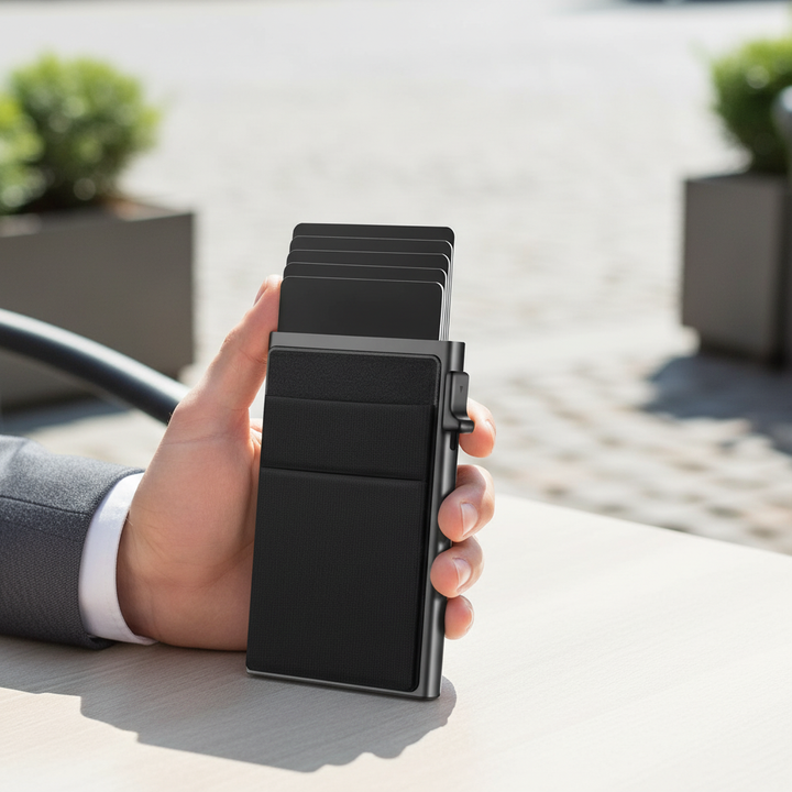 Compacte zwarte heren RFID kaarthouder portemonnee, minimalistisch design met geborsteld metaal. Stijlvol en modern.