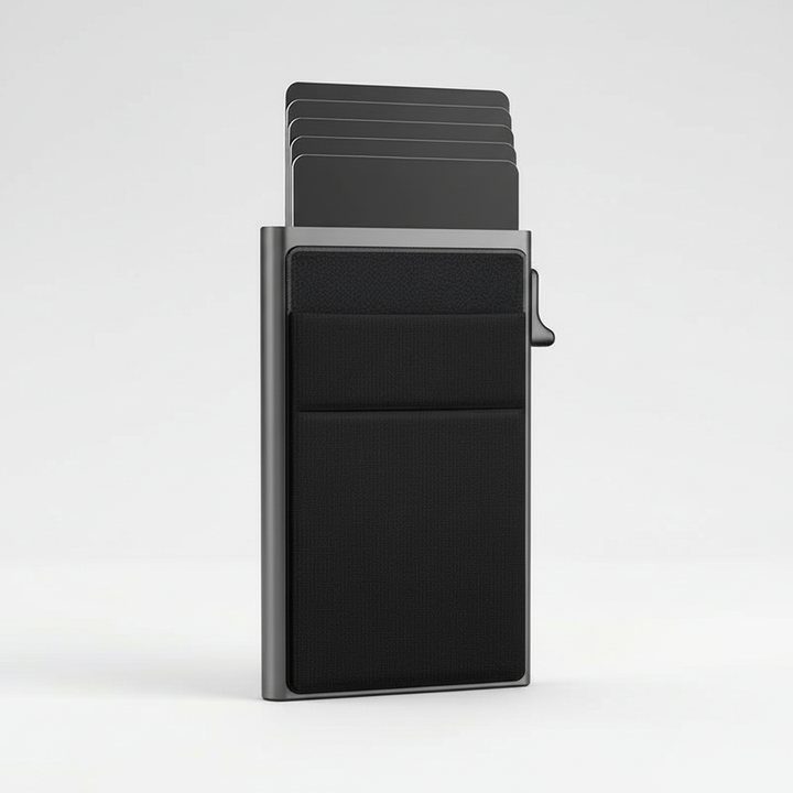 Open compacte RFID portemonnee, toont ruimte voor meerdere pasjes en bankbiljetten. Praktisch en georganiseerd.