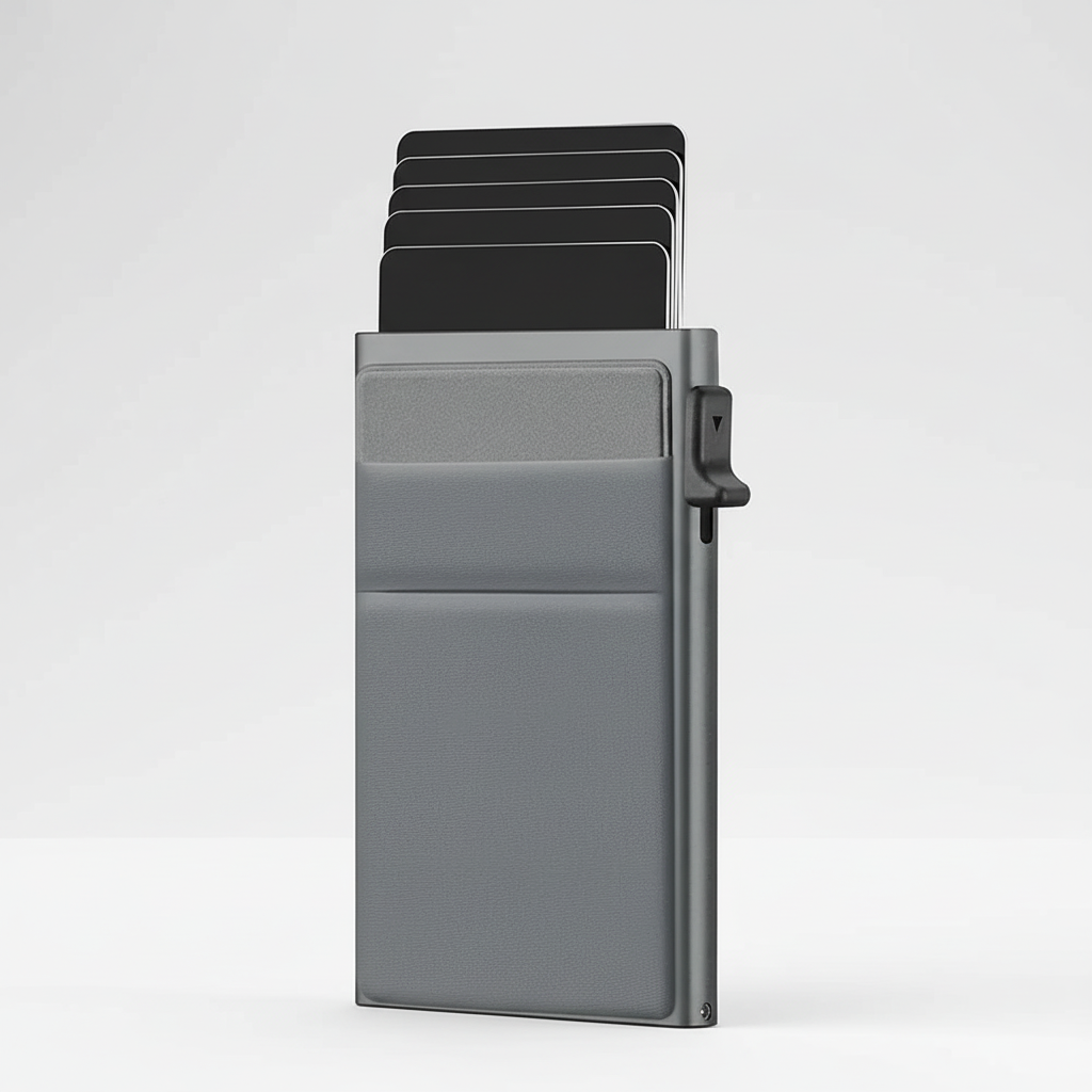Compacte RFID portemonnee comfortabel in de hand, toont slank profiel en gebruiksgemak voor dagelijks gebruik.