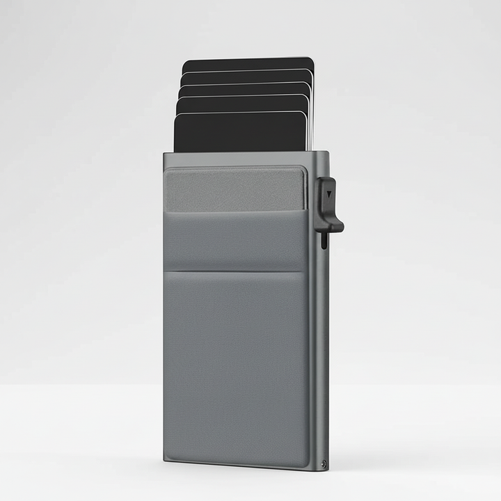 Compacte RFID portemonnee comfortabel in de hand, toont slank profiel en gebruiksgemak voor dagelijks gebruik.