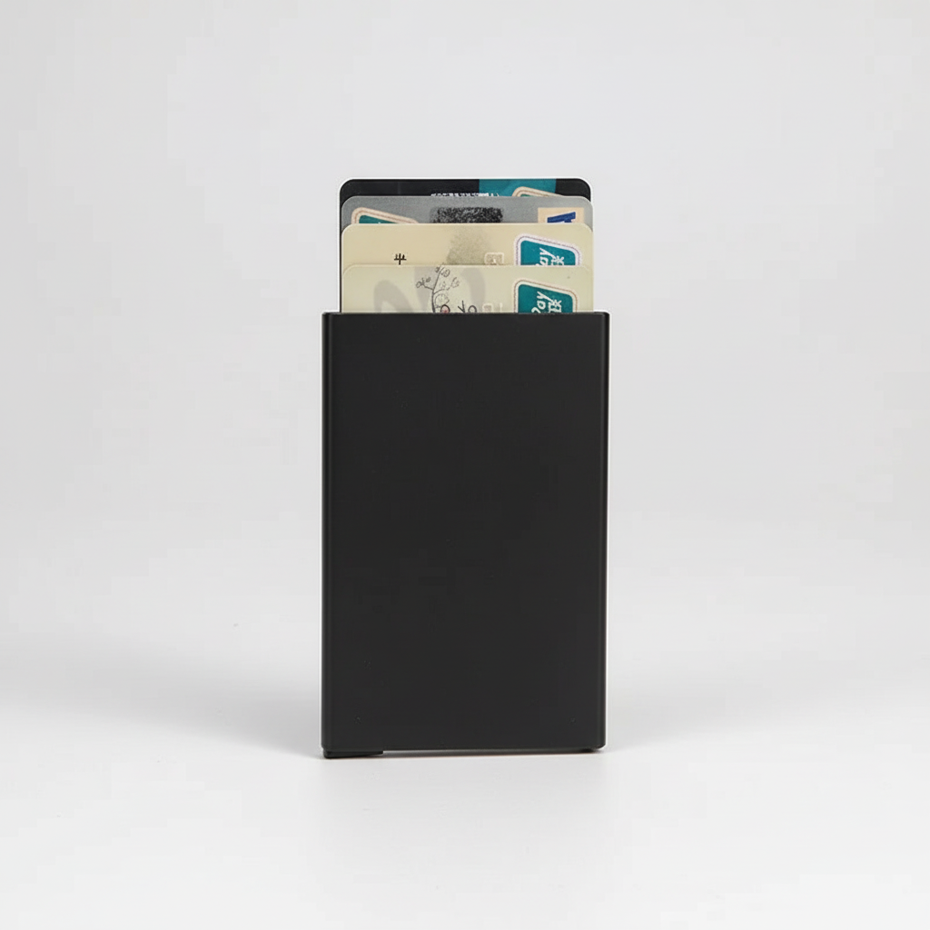 Gedetailleerde foto van uitschuifmechanisme compacte RFID kaarthouder, toont innovatief en handig design.