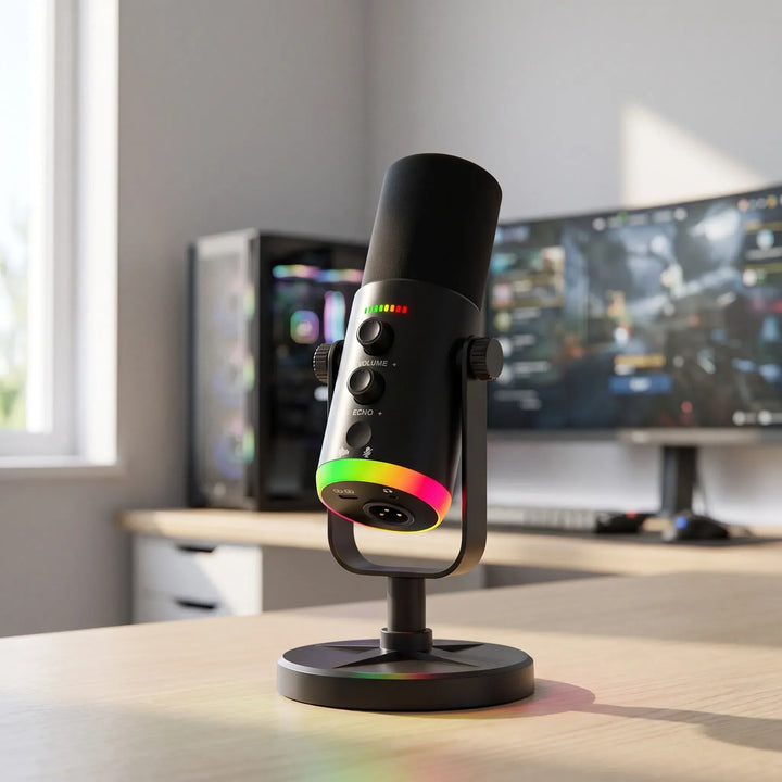 RGB gaming microfoon voor streaming en PC. Condensator microfoon met USB-C/XLR en ruisonderdrukking.