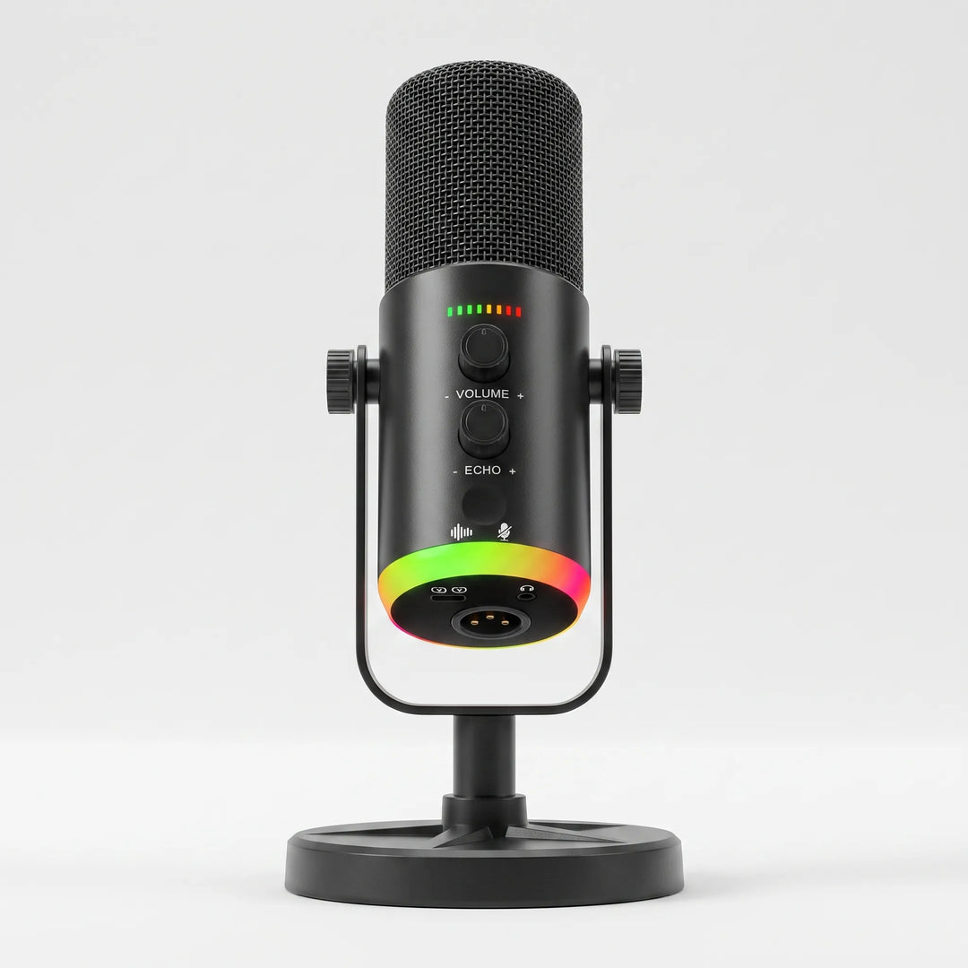 Desktop RGB microfoon voor gaming en streaming, met dubbele USB-C en XLR output voor PC.