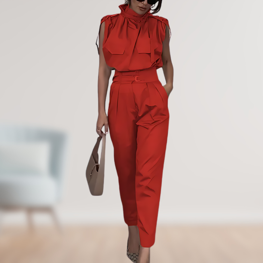 Luxe tweedelige set dames, slimfit pantalon en top. Ideaal voor elegante zakelijke kleding of casual mode.