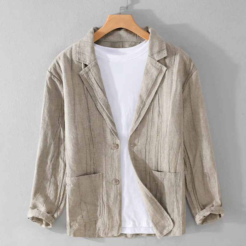 Luchtige herenblazer in beige/grijs, ideaal voor zomerse dagen. Comfortabel en stijlvol voor smart casual looks.