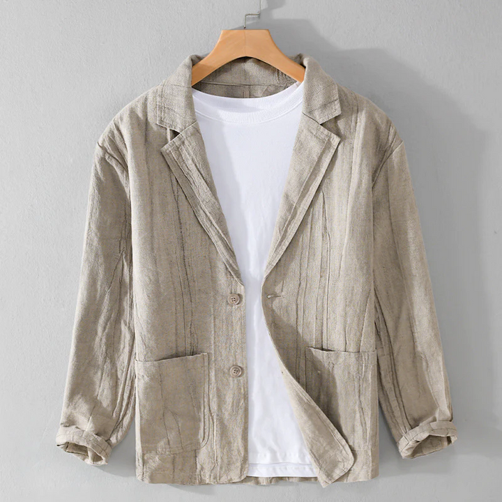 Luchtige herenblazer in beige/grijs, ideaal voor zomerse dagen. Comfortabel en stijlvol voor smart casual looks.