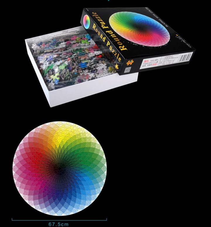 Detail van de ronde regenboog puzzel, 1000 stukjes, toont de complexe structuur en levendige kleuren.