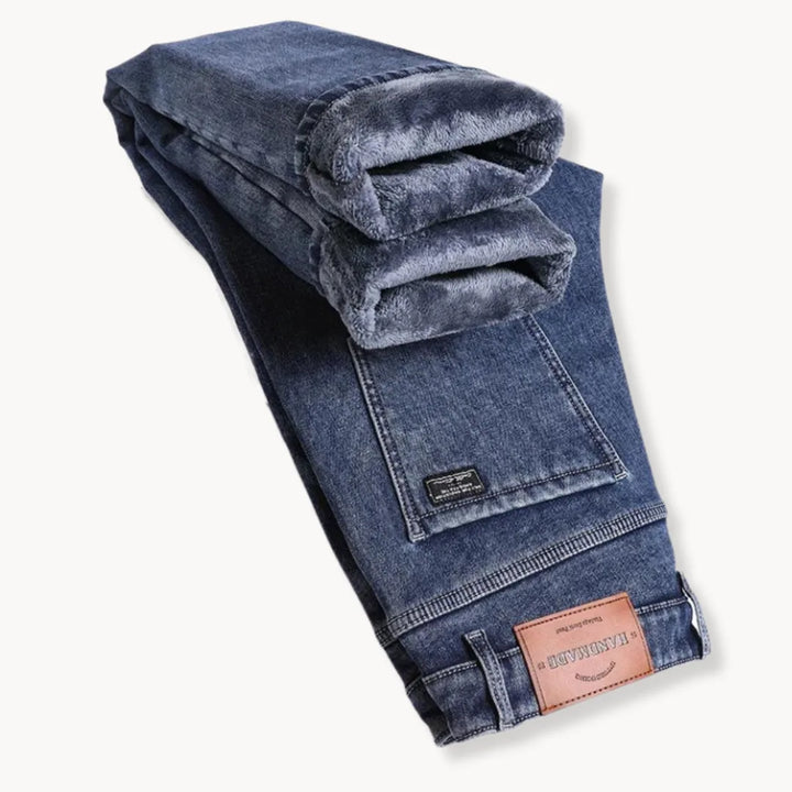 Blauwe heren straight-leg jeans, warme vijf-pocket winterbroek met comfortabele pasvorm.