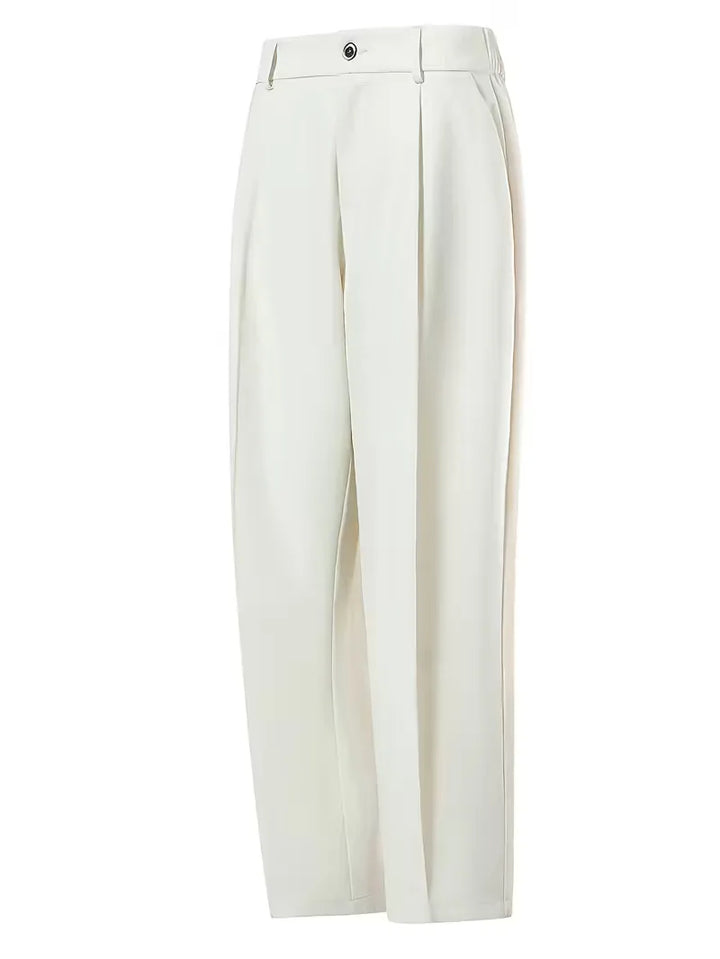Achteraanzicht van rechte heren pantalon met wijde pijpen, comfortabele losse pasvorm, veelzijdig voor elke gelegenheid.