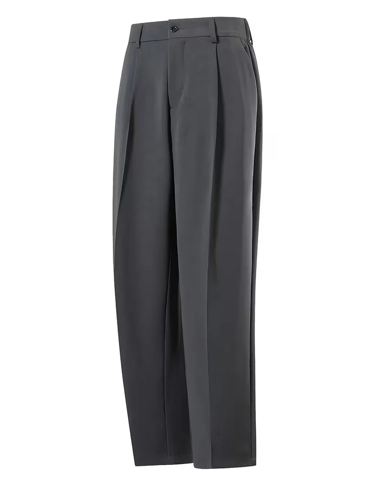 Trendy heren rechte broek met subtiele plooien, wijde pijpen, geweven stof voor een moderne en comfortabele uitstraling.