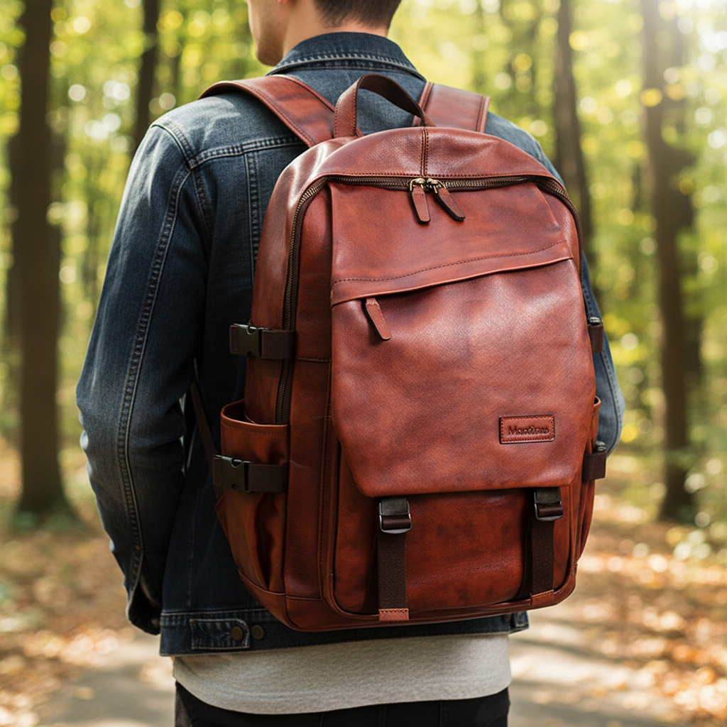Stijlvolle Skinnato unisex leren rugzak, bordeaux, ruim en handgemaakt voor dagelijks gebruik of zaken.