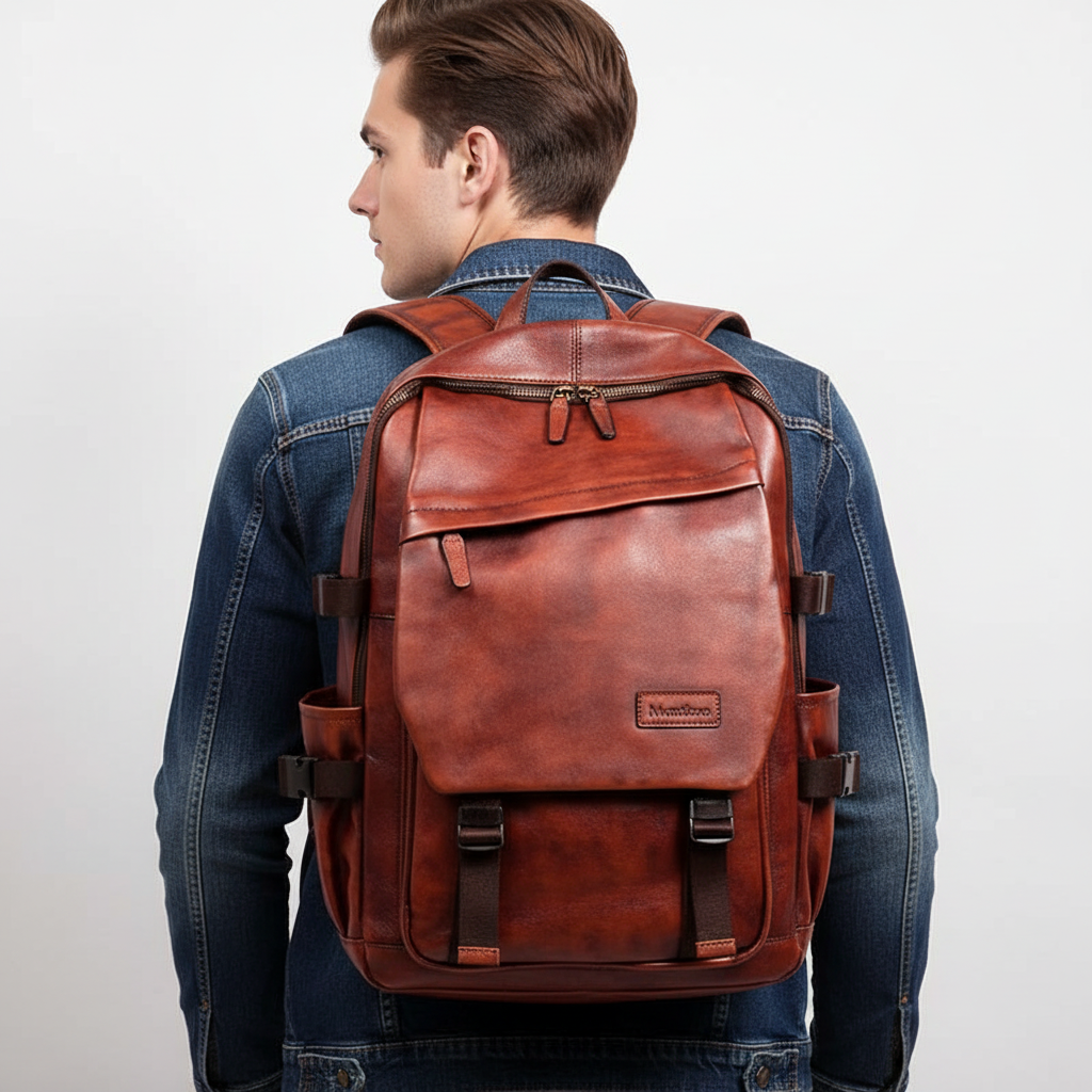 Functionele bordeaux leren Skinnato rugzak, ideaal als laptoptas, reistas of elegante schoudertas.