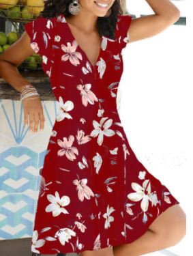 Dames zomerjurk, V-hals, bloemenprint, korte mouwen; de perfecte casual jurk voor de zomer.