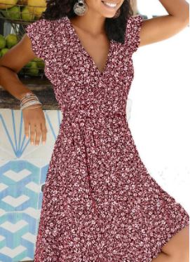 Zomerse V-hals damesjurk met bloemenprint, comfortabel en modieus voor dameskleding.