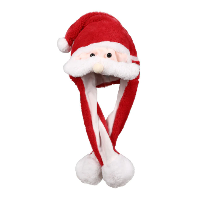 Close-up van een zachte, warme unisex pluche muts, geschikt als feestelijk Kerst accessoire.